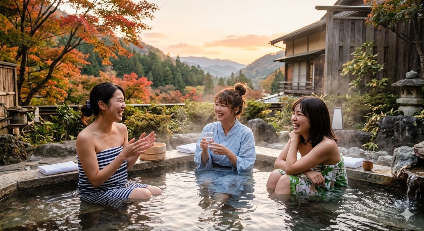 温泉地で楽しむ女性グループ